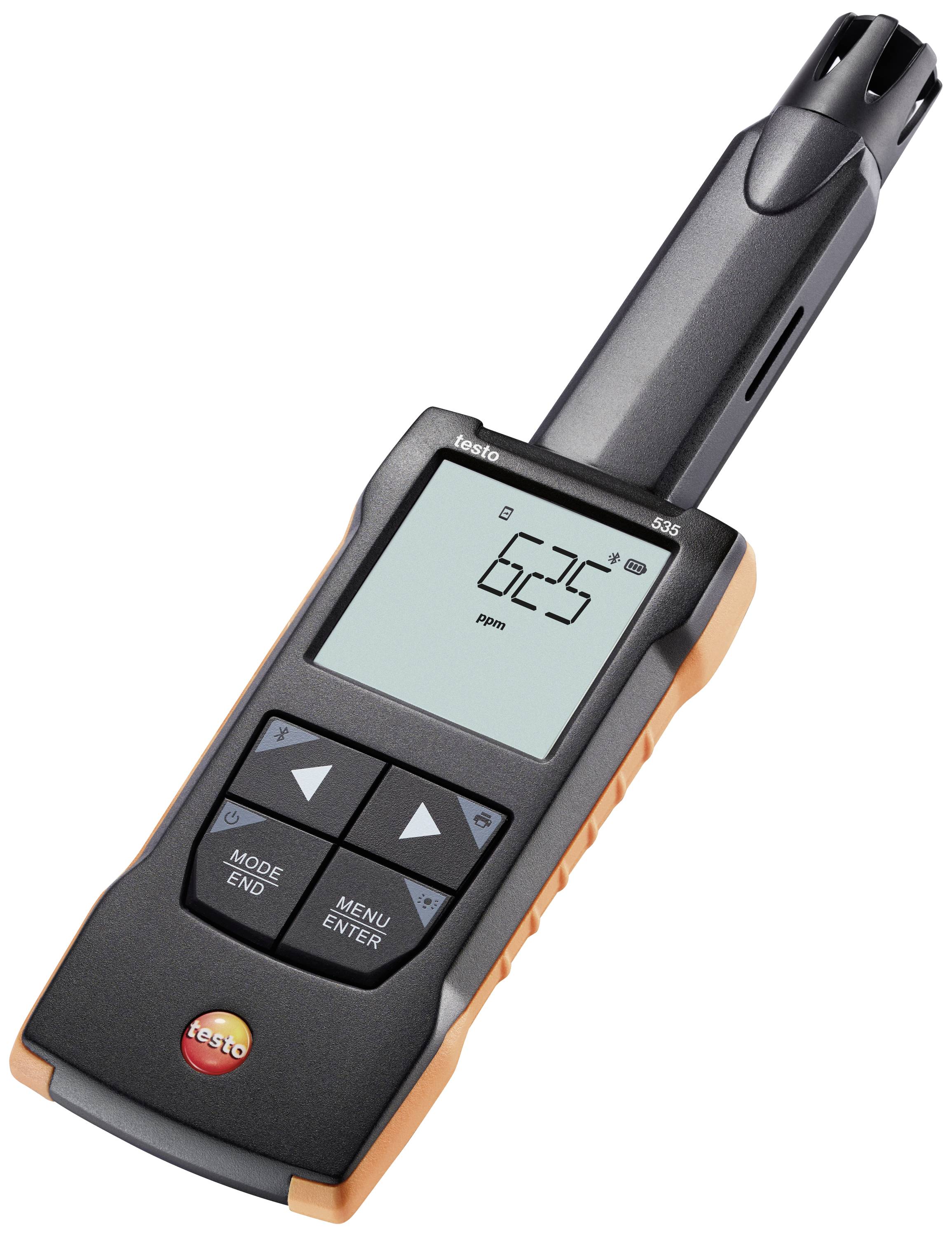 Een handmatig meetapparaat met display toont '625 ppm'. Het heeft meerdere bedieningsknoppen en is bedoeld voor het meten van luchtkwaliteit.