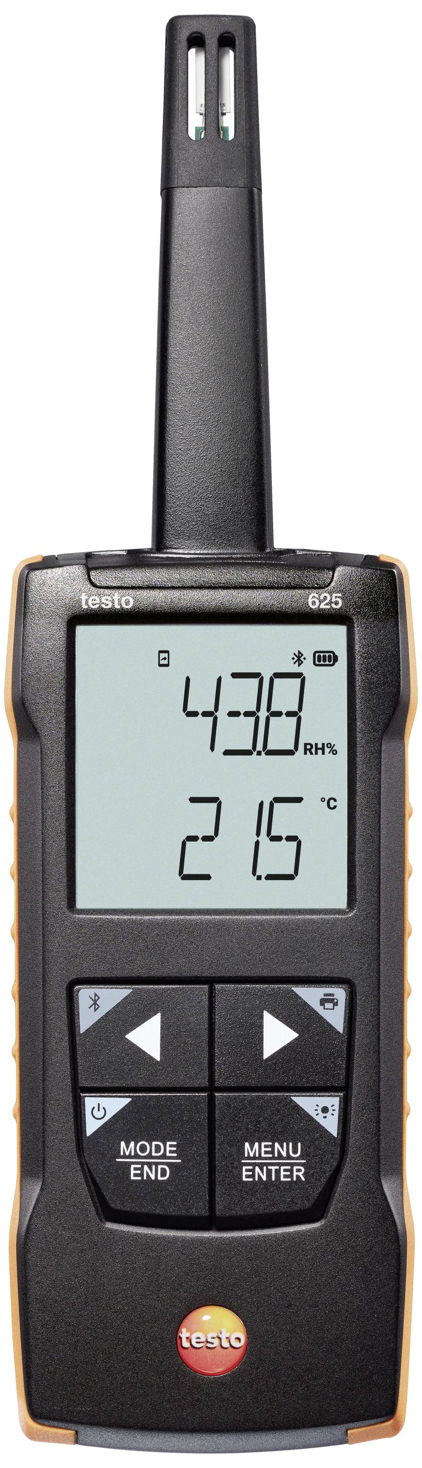 Digitale thermo-hygrometer toont 21,5 graden Celsius en 43,8 procent relatieve luchtvochtigheid op display.