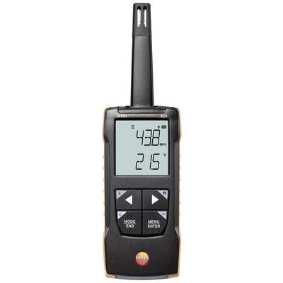 Digitale thermo-hygrometer toont 21,5 graden Celsius en 43,8 procent relatieve luchtvochtigheid op display.