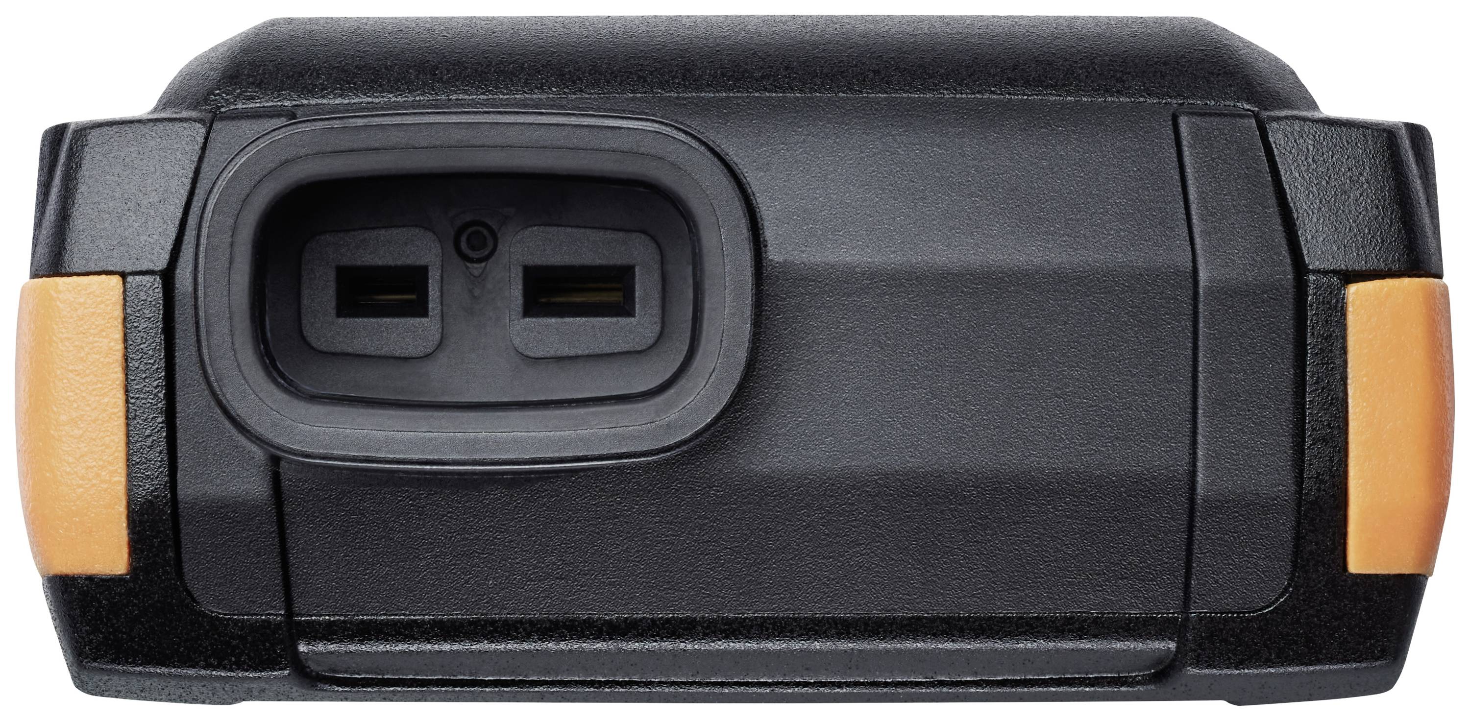 Een zwarte, rechthoekige batterij met twee oranje zijkanten en een rechthoekige oplaadaansluiting bovenin het midden.