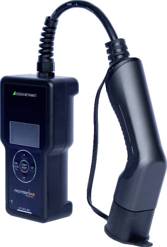 Een draagbaar meetinstrument voor het meten van elektrische parameters, uitgerust met een digitaal display en een verbindingskabel.