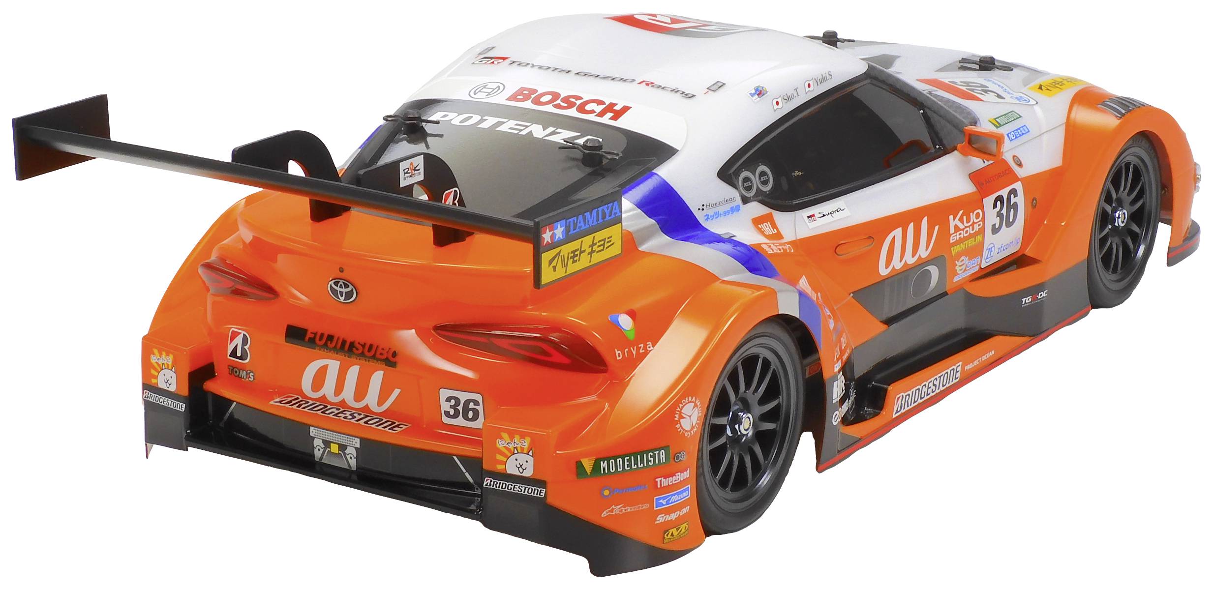 Een oranje-wit gelakte racewagen met nummer 36, versierd met verschillende sponsorlogo's aan de zijkant en op de achtervleugel.