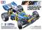 Tamiya Hotshot II modelauto van Blockhead Motors, een 1/10 offroad-racewagen met stickers en details in retro-stijl.