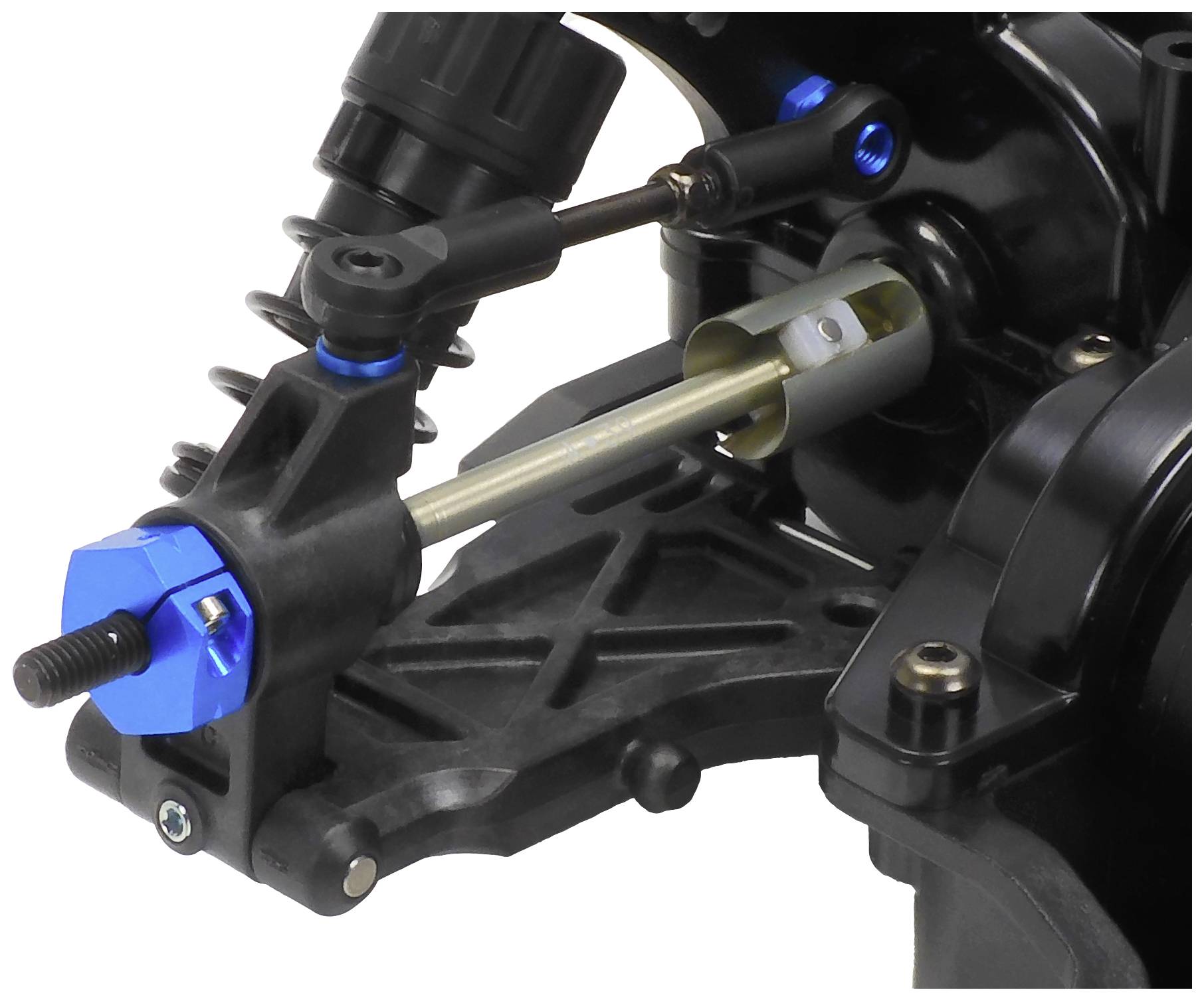 Een onderdeel van een mechanisch systeem met een blauw zeskantonderdeel, een metalen as en meerdere schroefverbindingen.