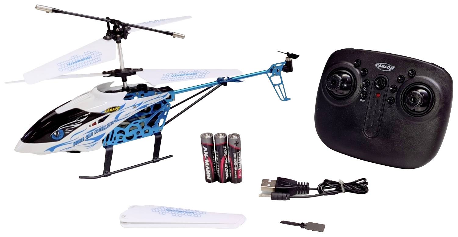 Speelgoed helikopter-set met afstandsbediening, reserverotorbladen, batterijen en oplaadkabel.