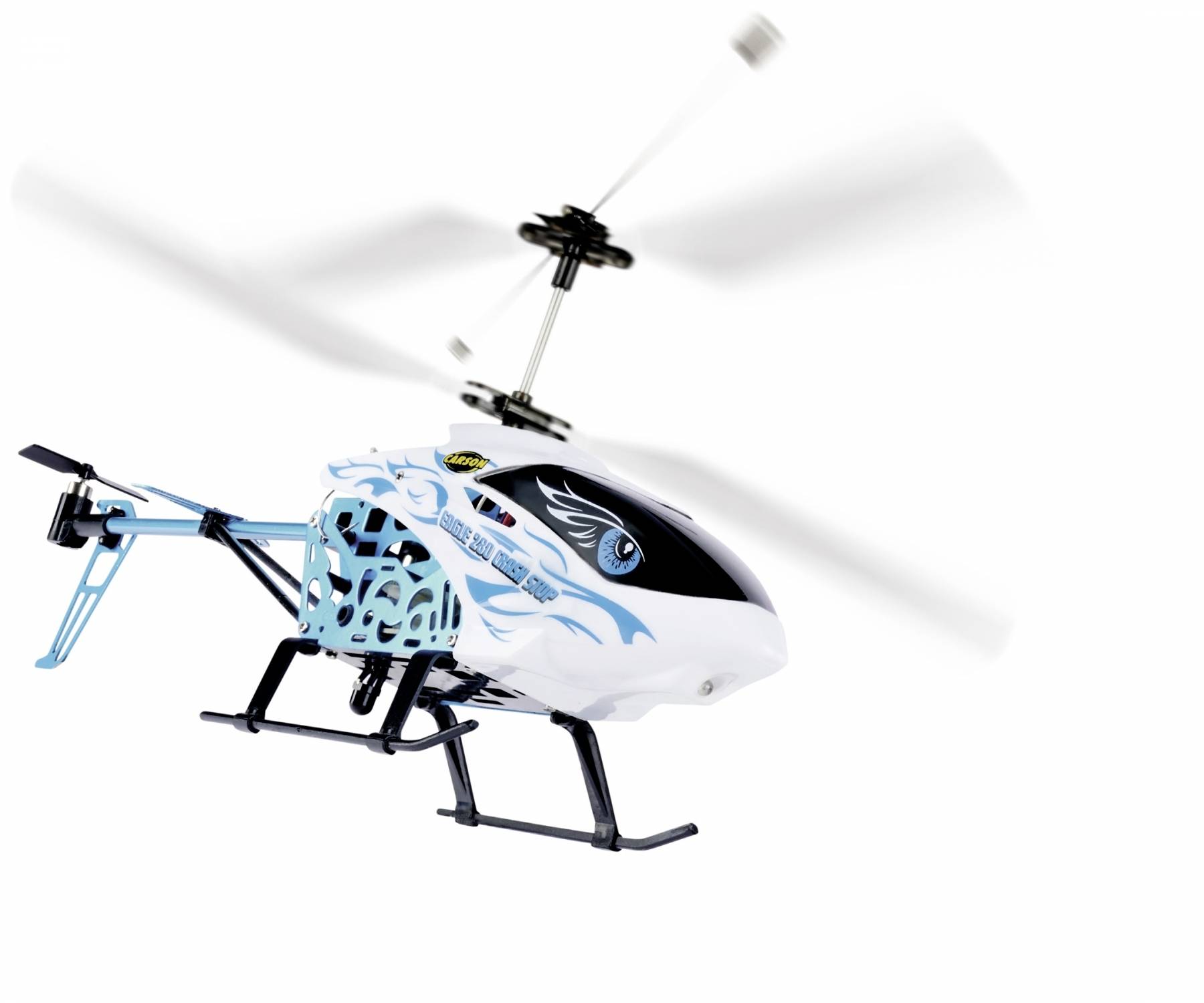 Een speelgoed-helikopter met blauw-witte patronen op een witte achtergrond. De rotorbladen zijn in beweging.