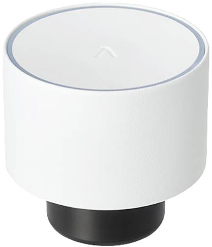 Witte cilindrische Smart Home volumeregelaar met zwarte basis. Apparaat voor draadloze volumeregeling in moderne audiosystemen.