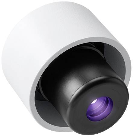 Witte cilindrische camera met een zwart objectief en paars licht aan het uiteinde. Ideaal voor beveiligingstoezicht.