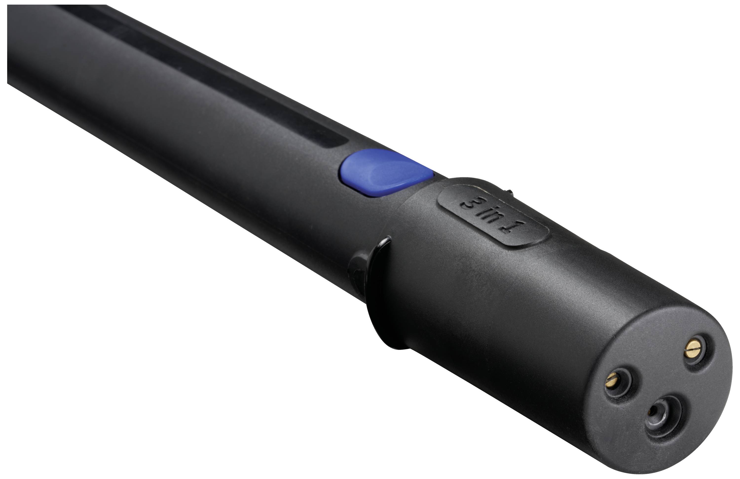 Een zwarte, cilindrische apparaatgreep met een blauwe knop en aansluitbussen aan de bovenkant, mogelijk voor elektronische accessoires.