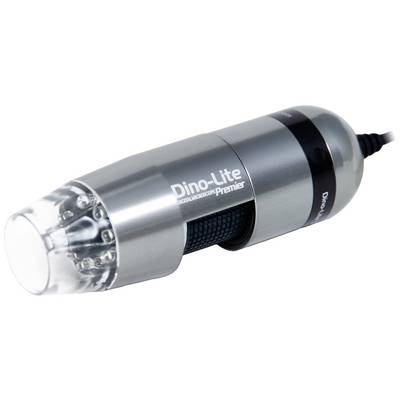 Een zilveren, cilindrisch digitaal microscoop met LED-verlichting; merknaam 'Dino-Lite' aan de zijkant.
