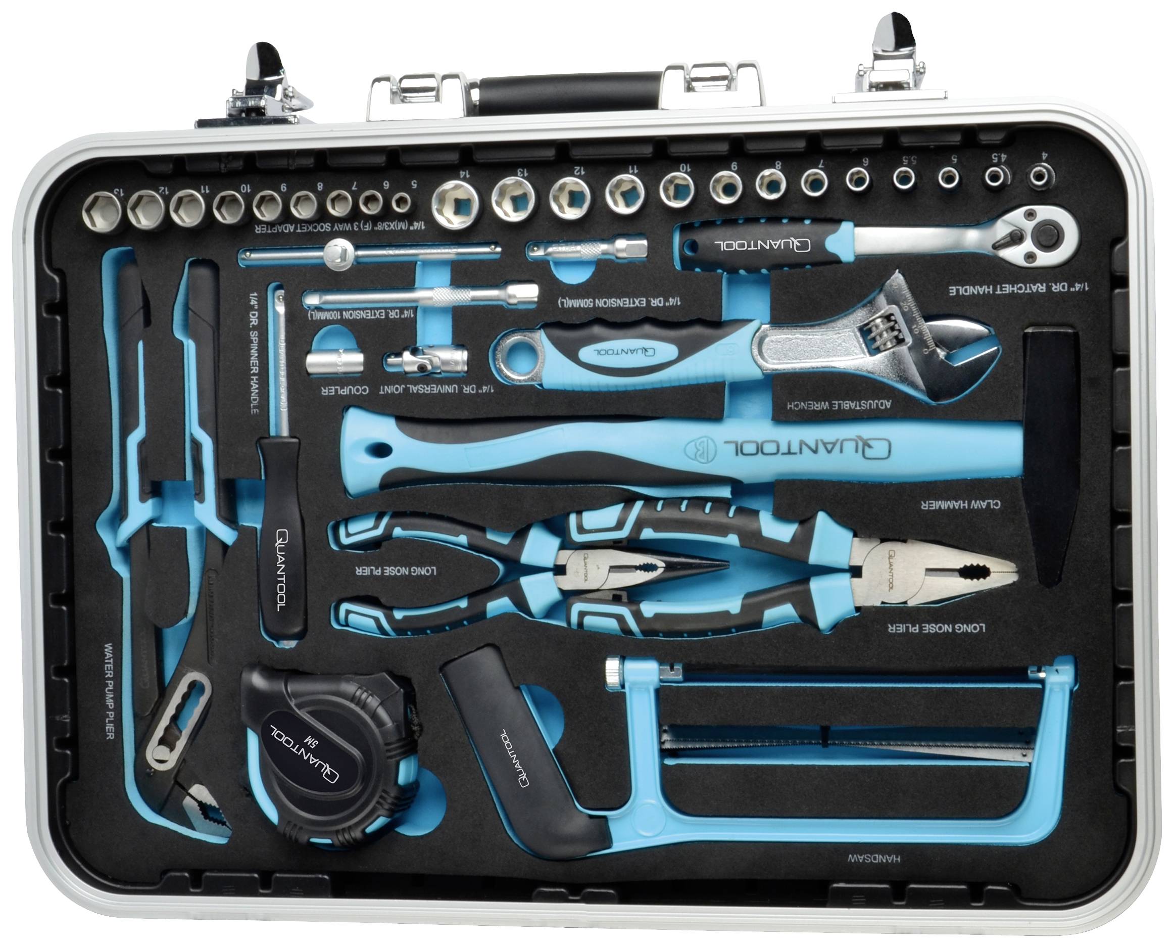 Een gereedschapskist met divers gereedschap, waaronder tangen, moersleutels, schroevendraaiers en een vouwmeter, allemaal netjes in een inzetstuk gerangschikt.