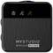 Zwarte draadloze microfoonzender met batterij- en microfoonsymbolen op het display. Logo 'MYSTUDIO WIRELESS MIC DUO' onderaan.