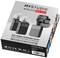 Twee compacte draadloze microfoons, ontvanger en oplaadcase. Verpakking met opschrift 'MYSTUDIO Wireless Mic Duo'. Geschikt voor camera of smartphone.