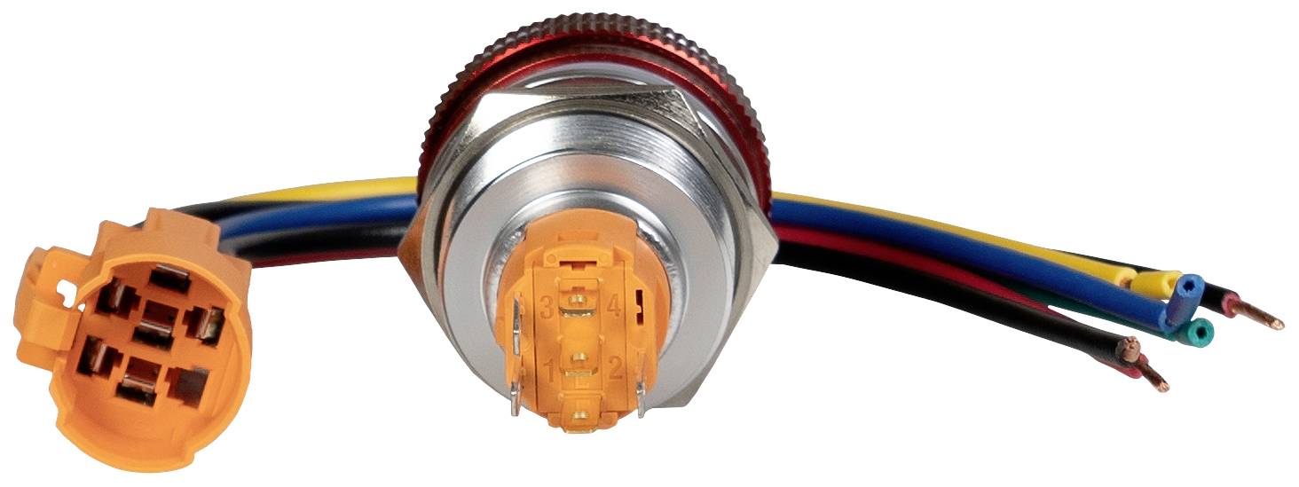 'Rode metalen stekker met oranje kunststof aansluiting en gekleurde draden: zwart, blauw, geel. Elektronisch onderdeel.'