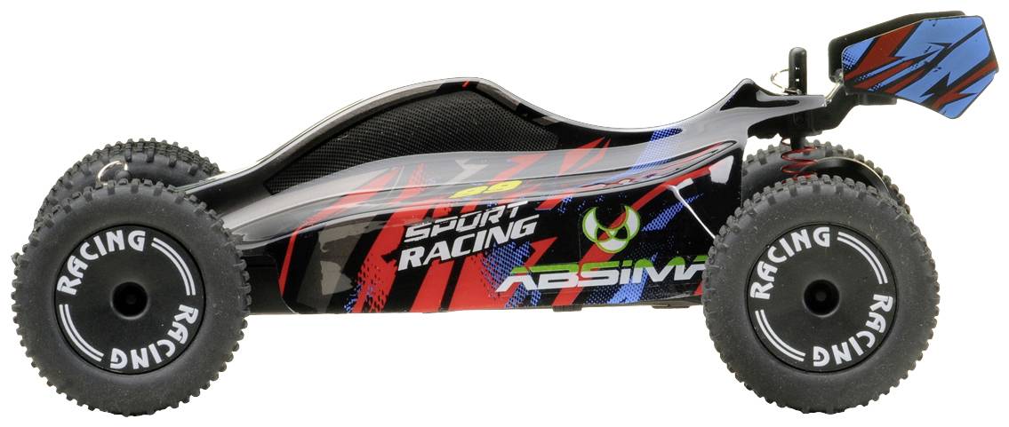 Een afstandsbestuurbare buggy-auto met een opvallend design, rode en blauwe graphics en het opschrift 'Sport Racing' aan de zijkant.