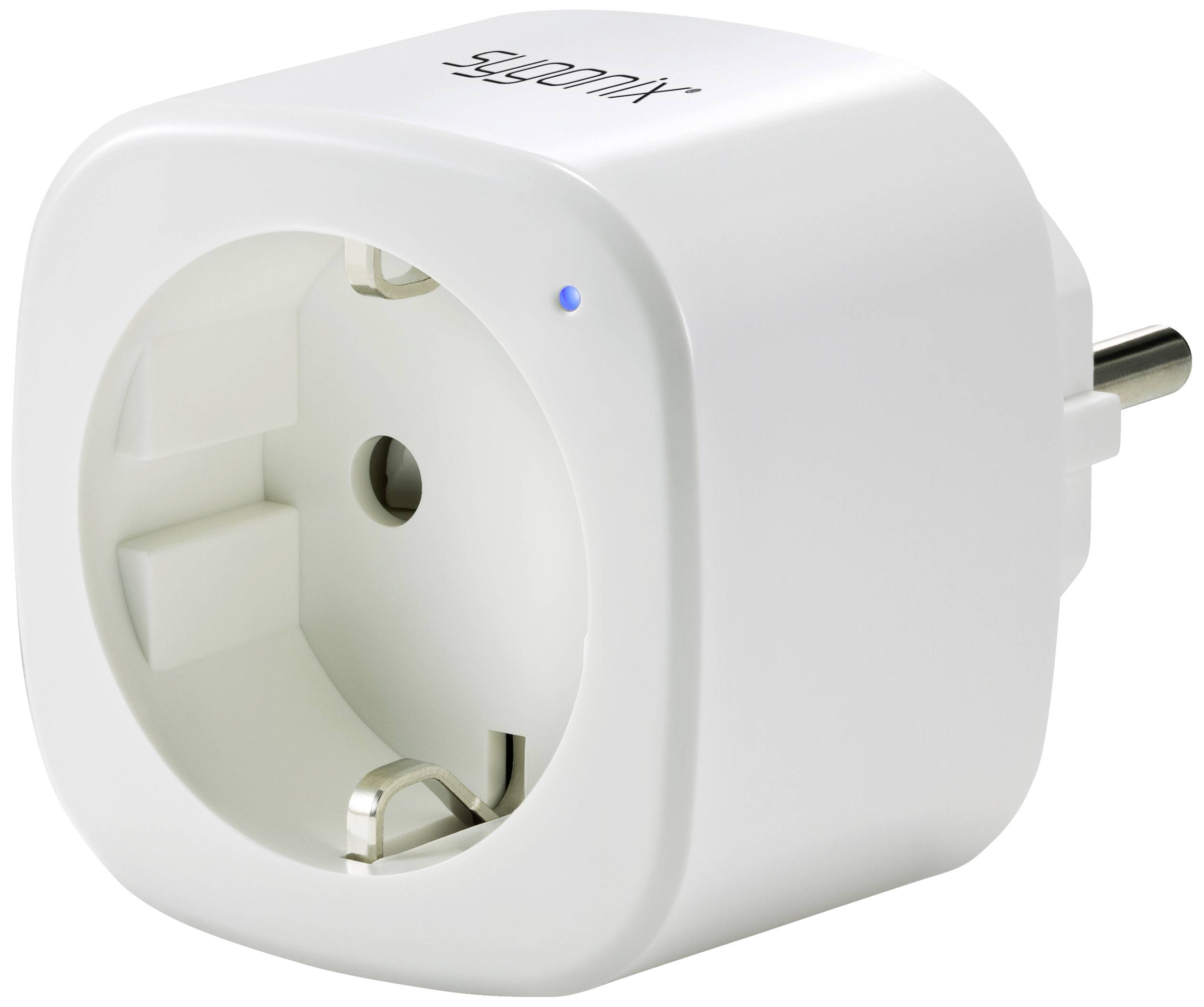 Een witte, ronde Smart-stekker met een EU-stekker en een kleine blauwe LED-indicator.