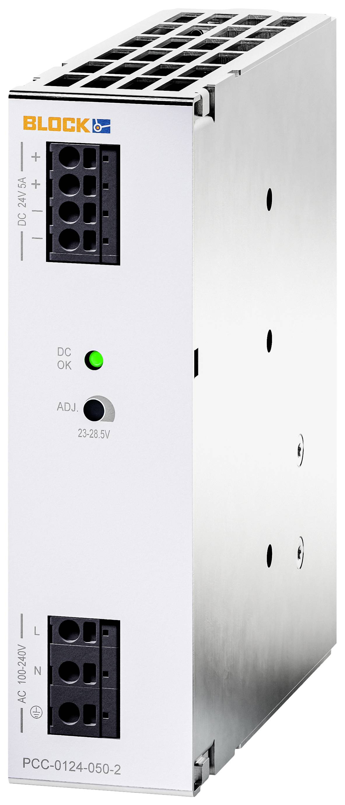 'BLOCK' voedingsadapter met modelnummer PCC-0124-050-2, toont twee aansluitingen en een groene controle-LED voor DC-OK.