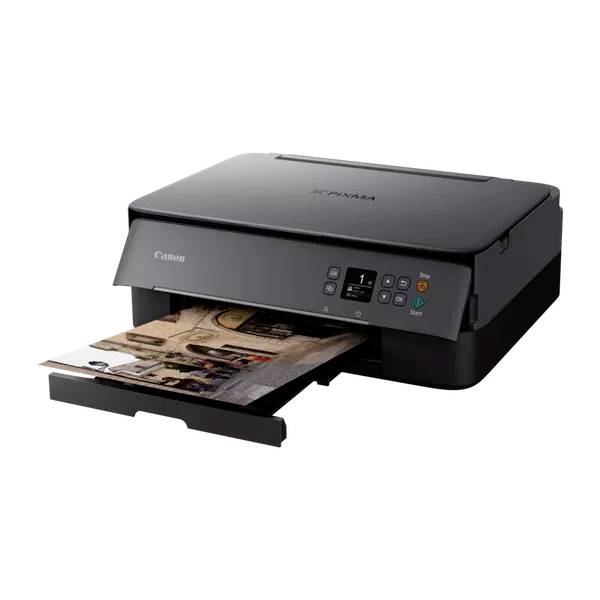 Een zwarte printer print een gekleurd foto. De printer is een Canon-model, geschikt voor thuis- of kantoorgebruik.