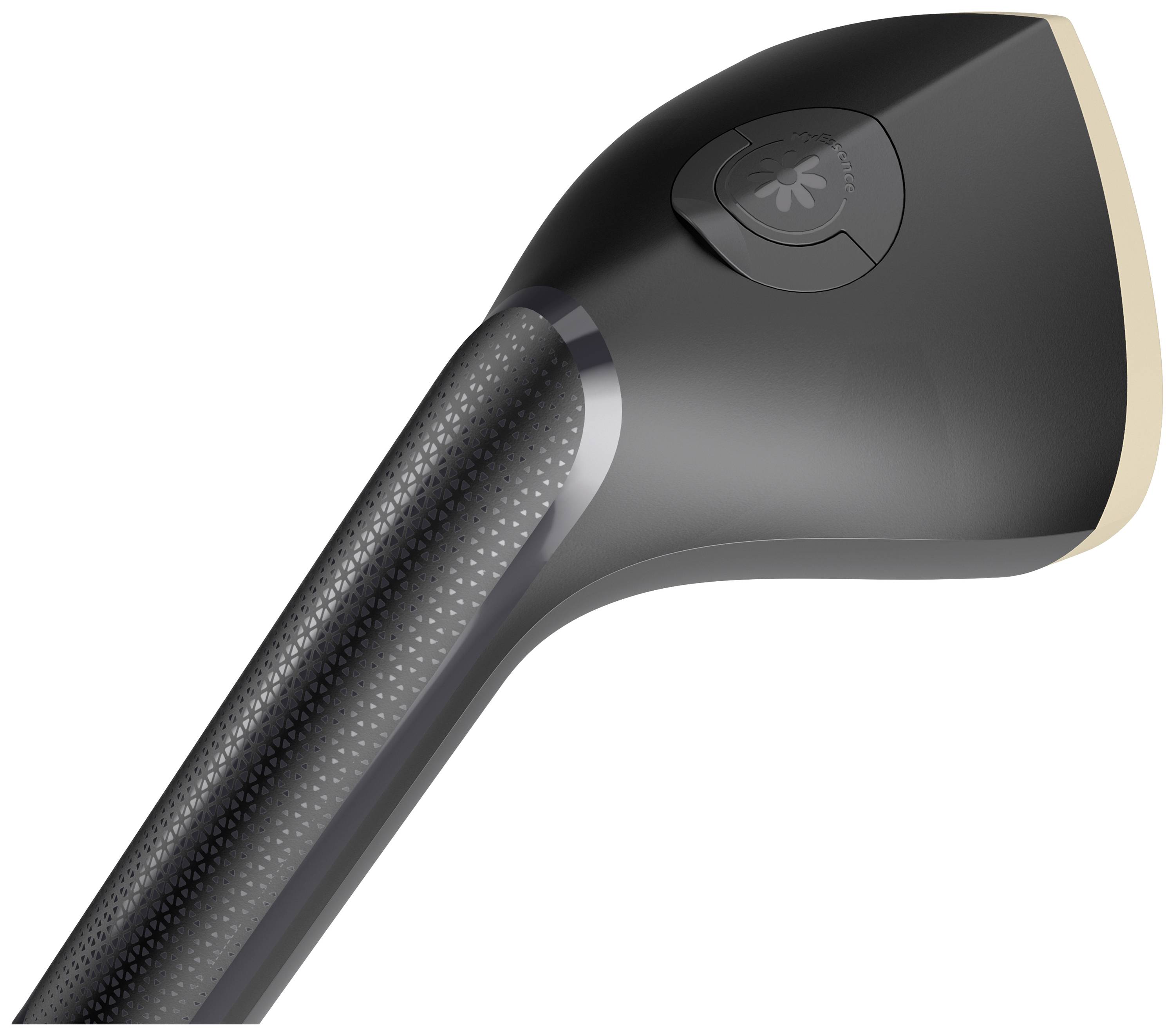 Een zwarte handstofzuiger met ergonomische handgreep en geïntegreerde bedieningsknop.