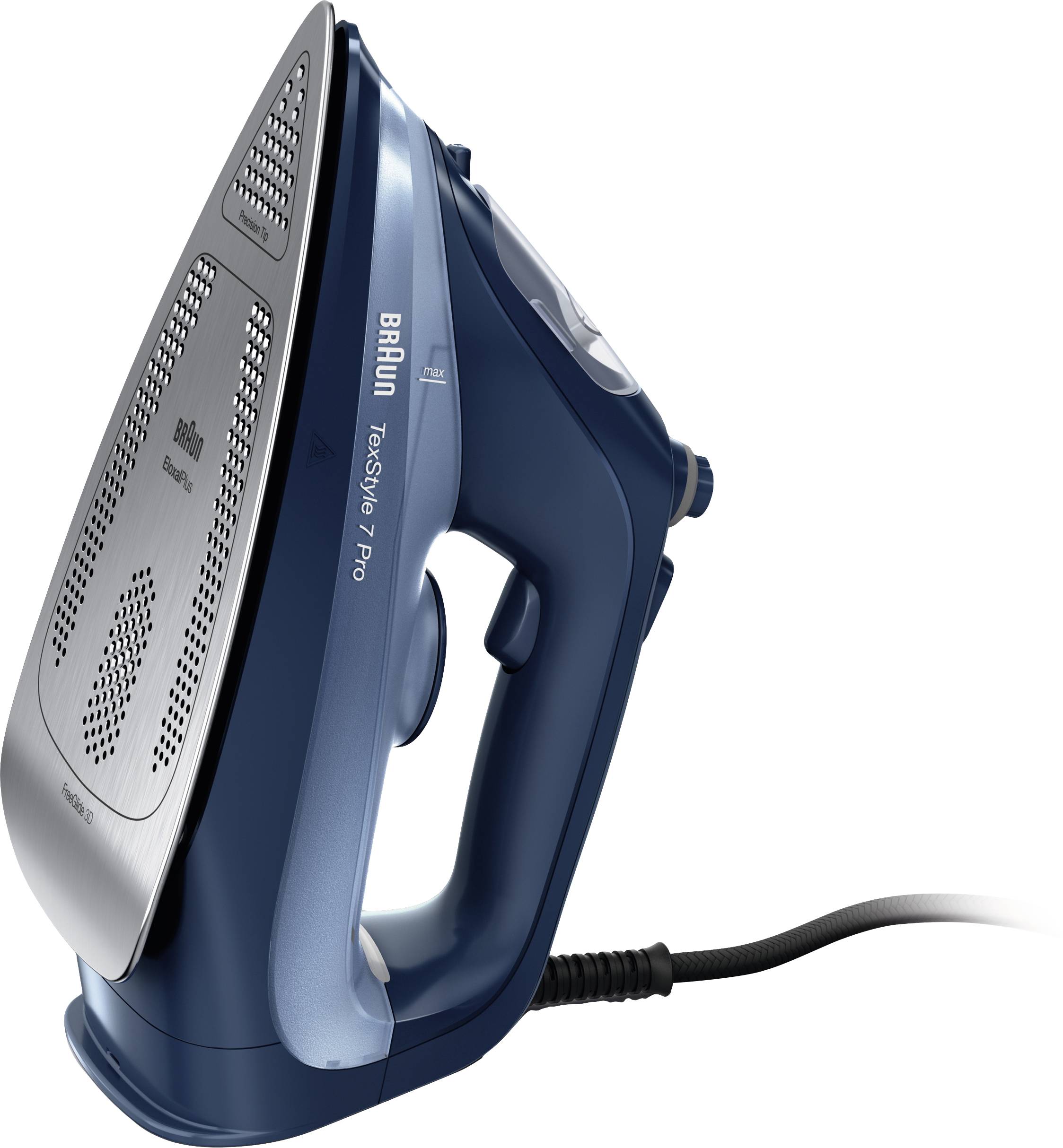 Een blauwe stoomstrijkbout van het merk Braun, model TexStyle 7 Pro, staat rechtop. Hij heeft een snoer en een zoolplaat van roestvrij staal.