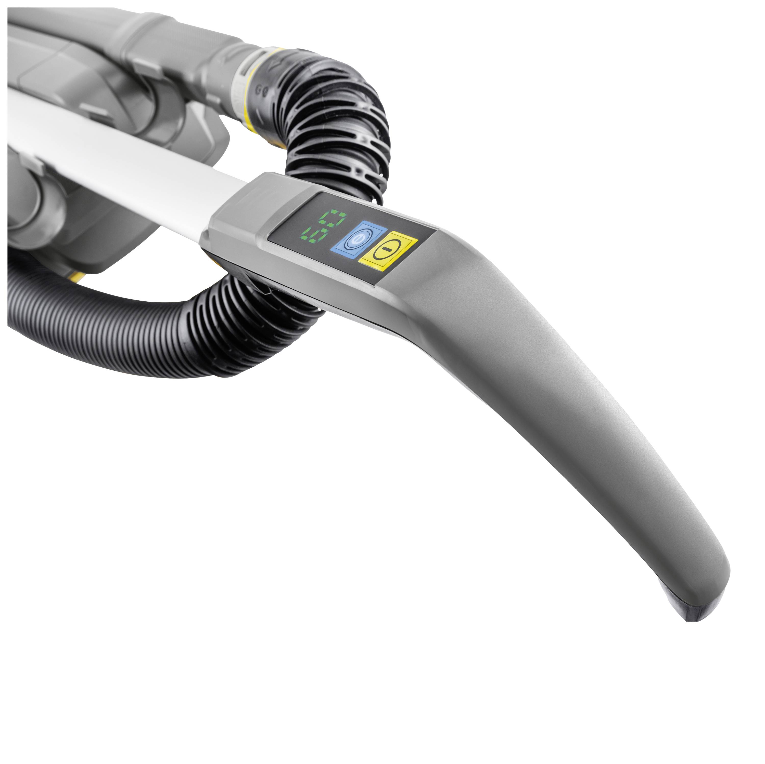 Een ergonomische stofzuigergreep met een digitaal display en een knop voor snelheidsregeling. Zwarte flexibele slang op de achtergrond.