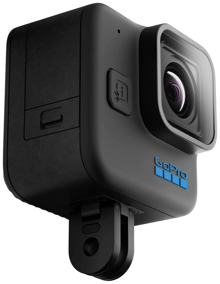 Een zwarte actioncamera met een helder objectief en het blauwe 'GoPro'-merk, gemonteerd op een houder, klaar voor avontuurlijke opnamen.