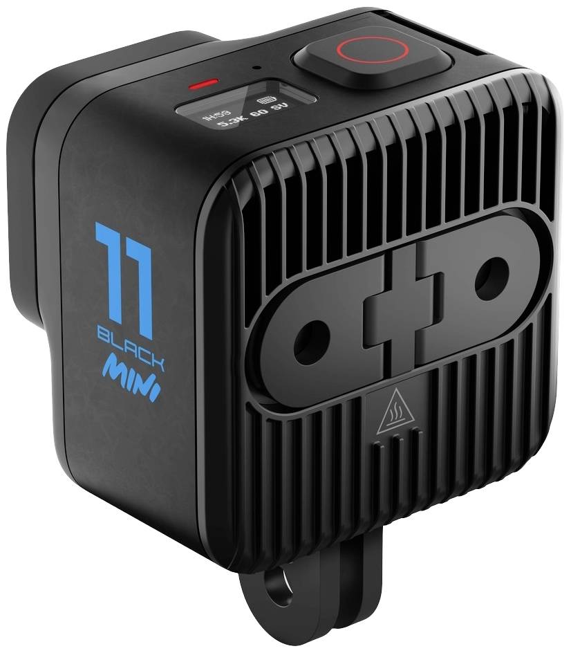 Een kleine, zwarte camera met de tekst '11 Black Mini' aan de zijkant; compact met een groot objectief en enkele knoppen bovenop.