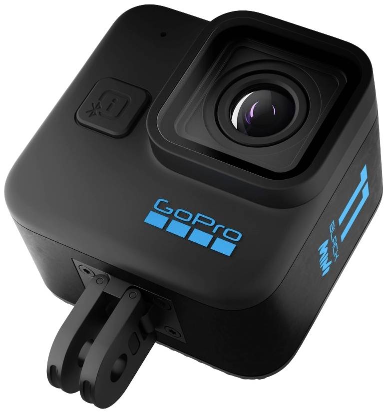 Een compacte actiecamera met het opschrift 'GoPro' en bevestigingslus, geschikt voor buitenactiviteiten en sportopnames.