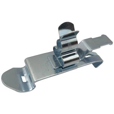 Metaalclip van glanzend materiaal, met een gebogen veerconstructie. Gebruikt om objecten vast te houden of te bevestigen.