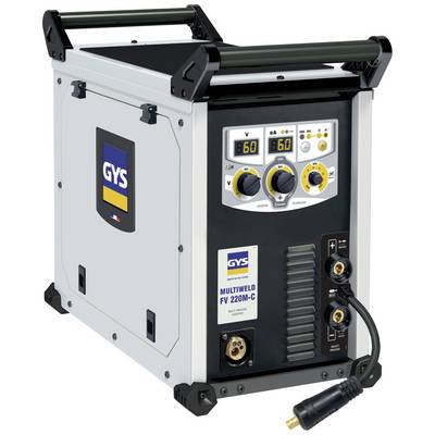 Een draagbaar lasapparaat met een digitaal display toont '60' en '220V'. Verschillende instelknoppen en aansluitingen zijn zichtbaar aan de voorkant.
