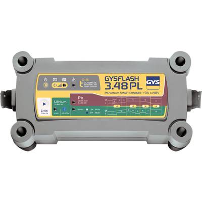 Batterijlader GYSFLASH 3.48 met display voor Pb/Lithium-batterijen, 3.48 PL-model. Toont laadcycli en batterijstatus.
