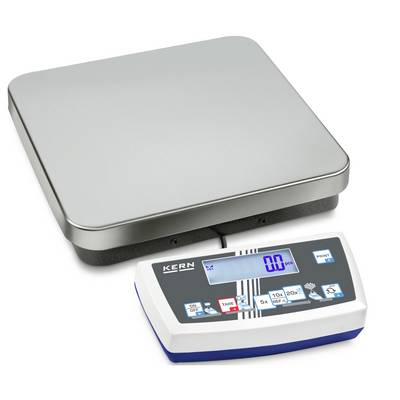 'Digitale weegschaal met roestvrijstalen plateau, toont 0,0 kg op een blauw lcd-scherm. Bedieningspaneel met meerdere functietoetsen.'