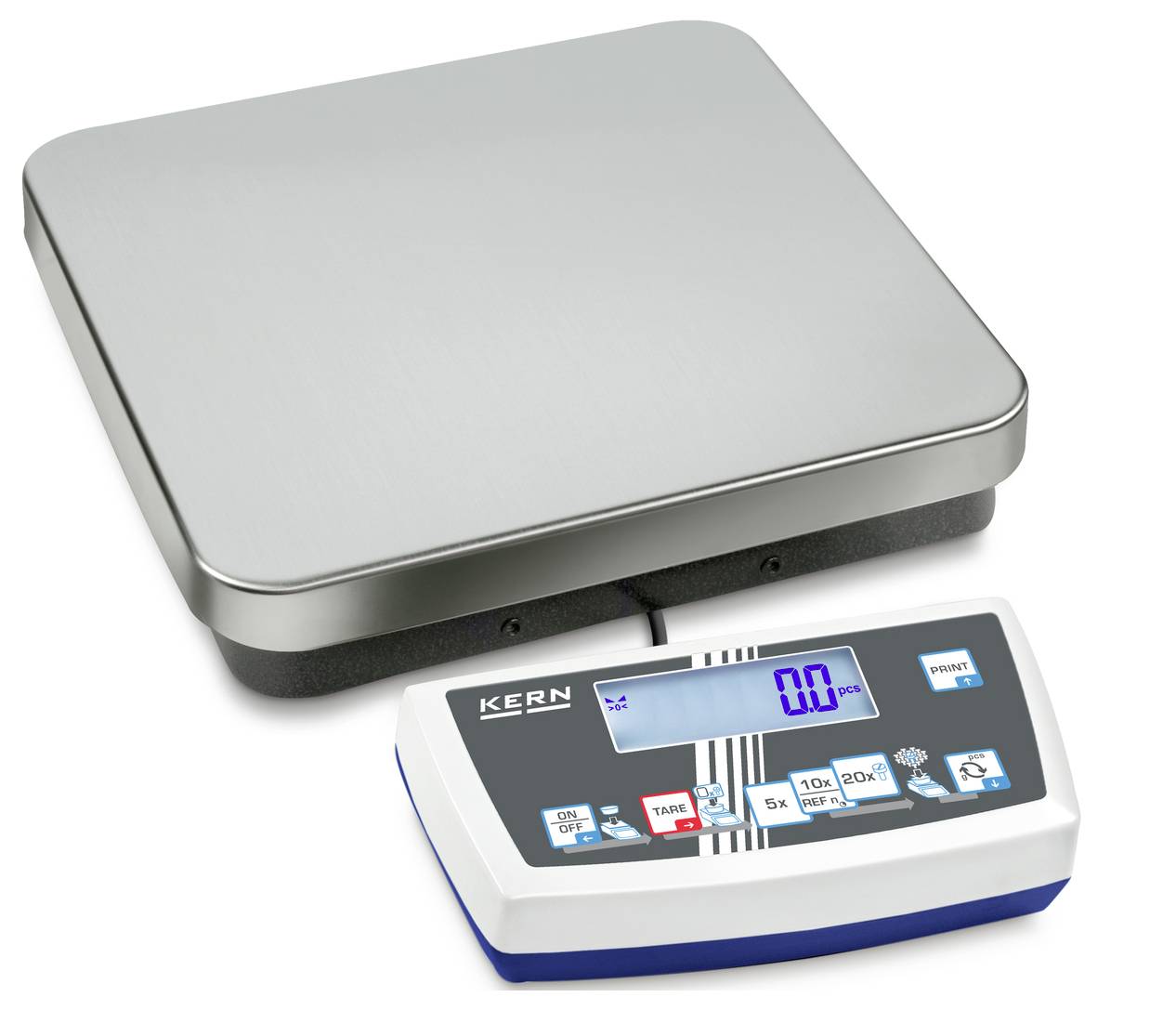 Elektronische weegschaal met een roestvrijstalen platform, digitaal display toont '0.0 kg'. Bedieningselementen voor het tareren en kalibreren zijn aanwezig.