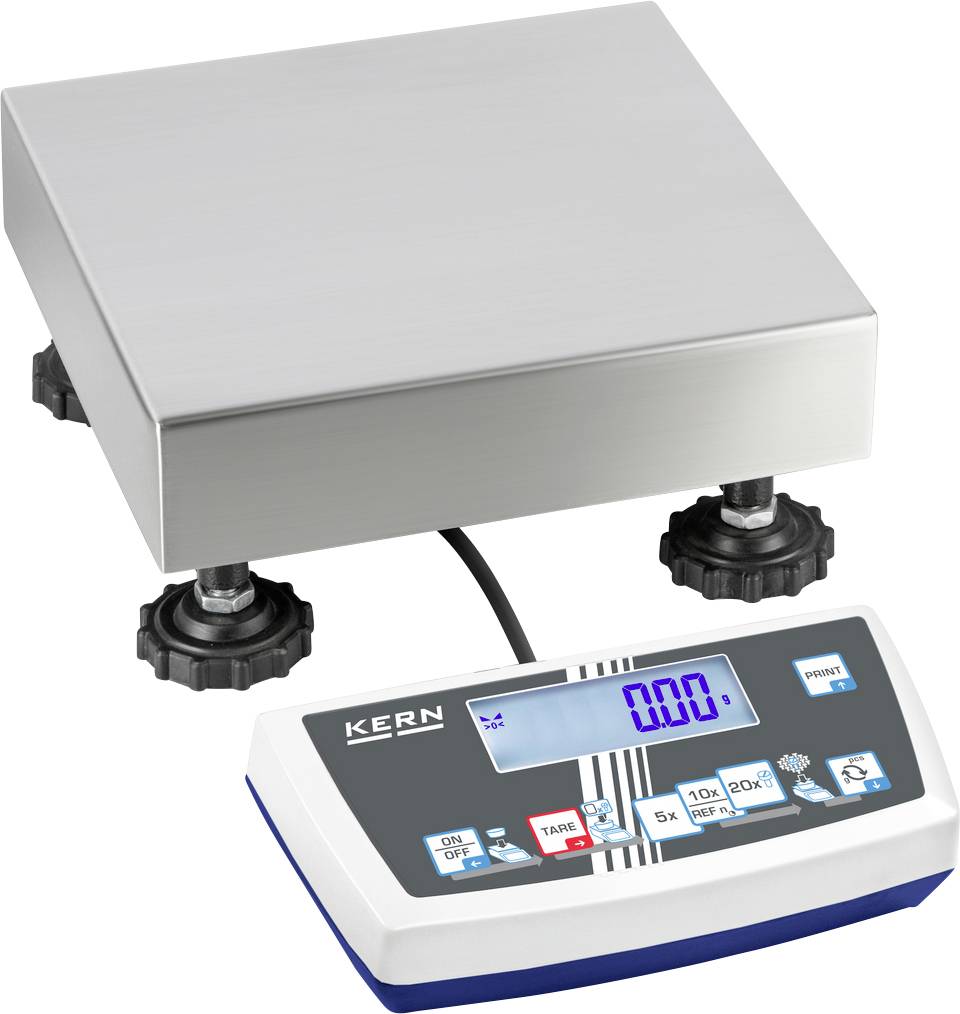 Een digitale platformweegschaal met een roestvrijstalen weegplateau en een bedraad display-apparaat dat '0.0' aangeeft.