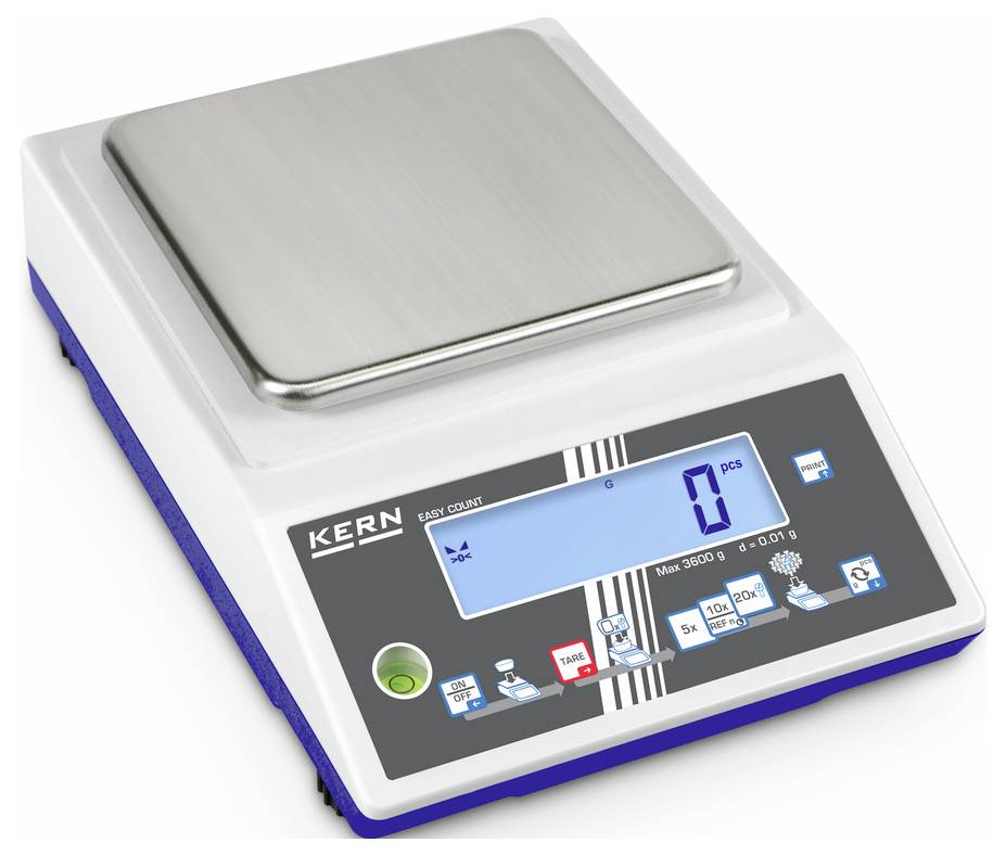 Digitale weegschaal met roestvrijstalen plateau en LCD-display, toont '0 stuks'. Bedieningspaneel met toetsen voor tarra, stuktelling en andere functies.