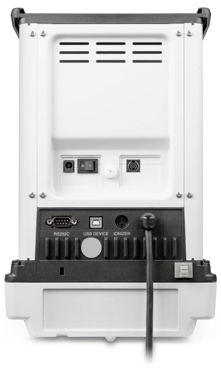 Achterkant van een technisch apparaat met aansluitingen: RS232C, USB-apparaat, ionisator. Netschakelaar en ventilatiesleuven zichtbaar.