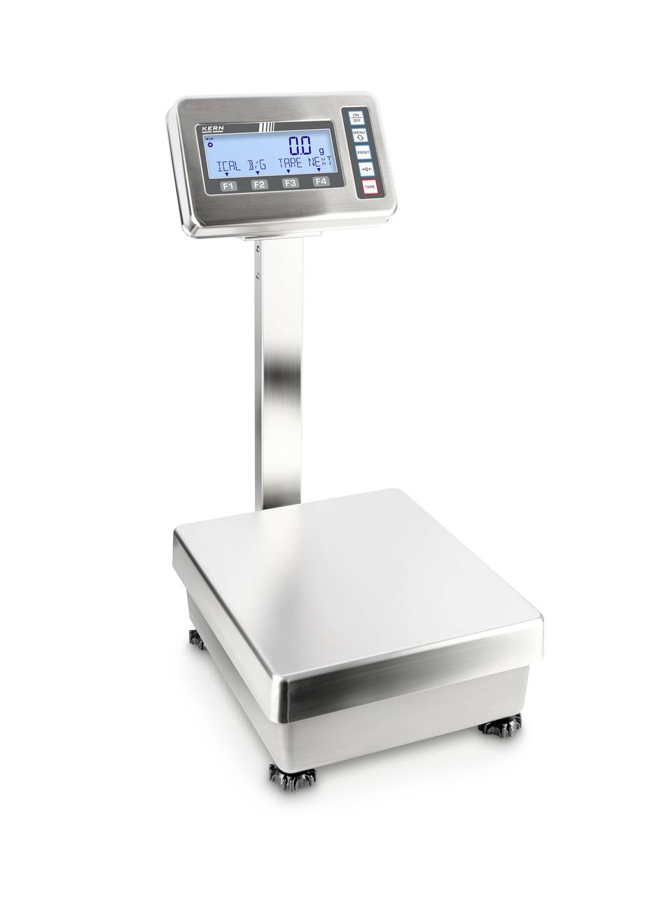 Industriële weegschaal met digitaal display, toont '0.0' kg. Zilverkleurige behuizing, geschikt voor nauwkeurig wegen in industriële omgevingen.