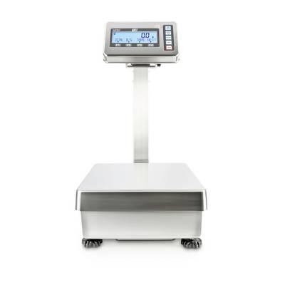 Elektronische weegschaal met scherm op displayhouder, toont gewicht. Geschikt voor industrieel of commercieel gebruik.