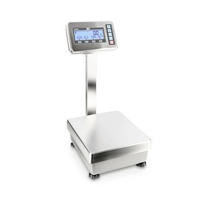 Metalen digitale industriële weegschaal met groot display op standaard. Display toont '0,0'. Geschikt voor het wegen van zware objecten.