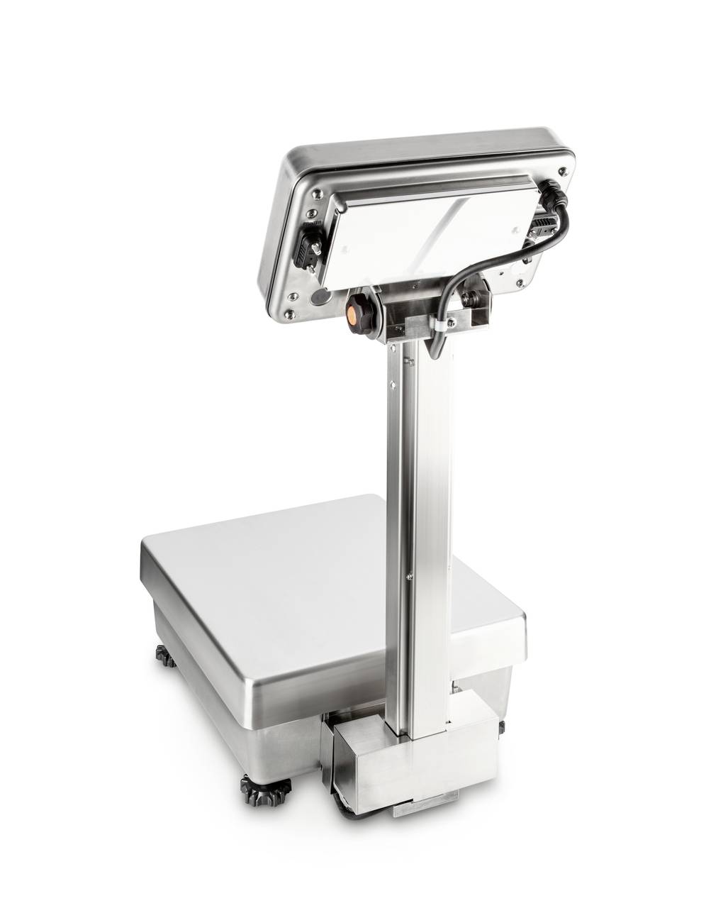 Een zilveren weegschaal met een digitaal display op een standaard, geschikt voor industriële toepassingen.