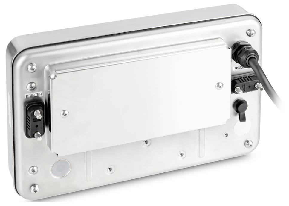 Een rechthoekig, zilver elektronisch apparaat met kabelaansluiting. Het heeft twee zwarte schakelaars en meerdere schroefgaten.