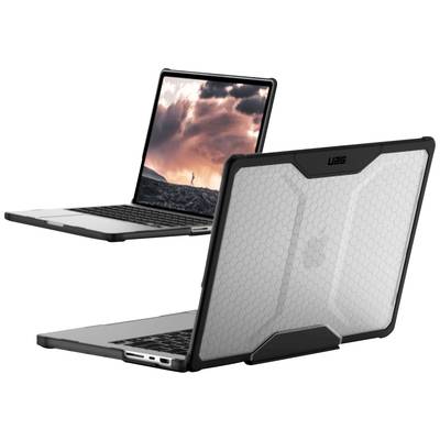 Twee laptops in beschermende hoezen. De voorste laptop toont de achterkant, de achterste is geopend met een achtergrondafbeelding van wolken.