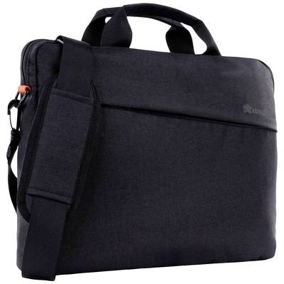 Zwarte laptoptas met handgreep en schouderband. Strak design, geschikt voor het vervoeren van elektronische apparaten en toebehoren.