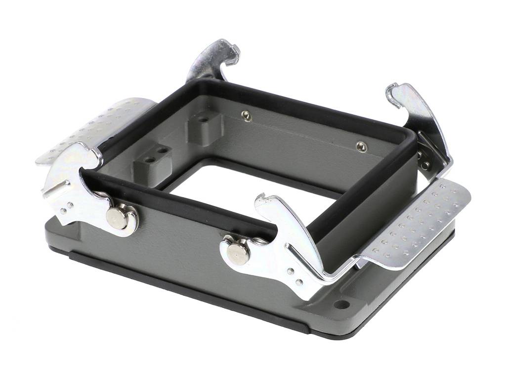 Een rechthoekig metalen frame met scharnieren en klemmen voor bevestiging aan technische apparaten of machines.