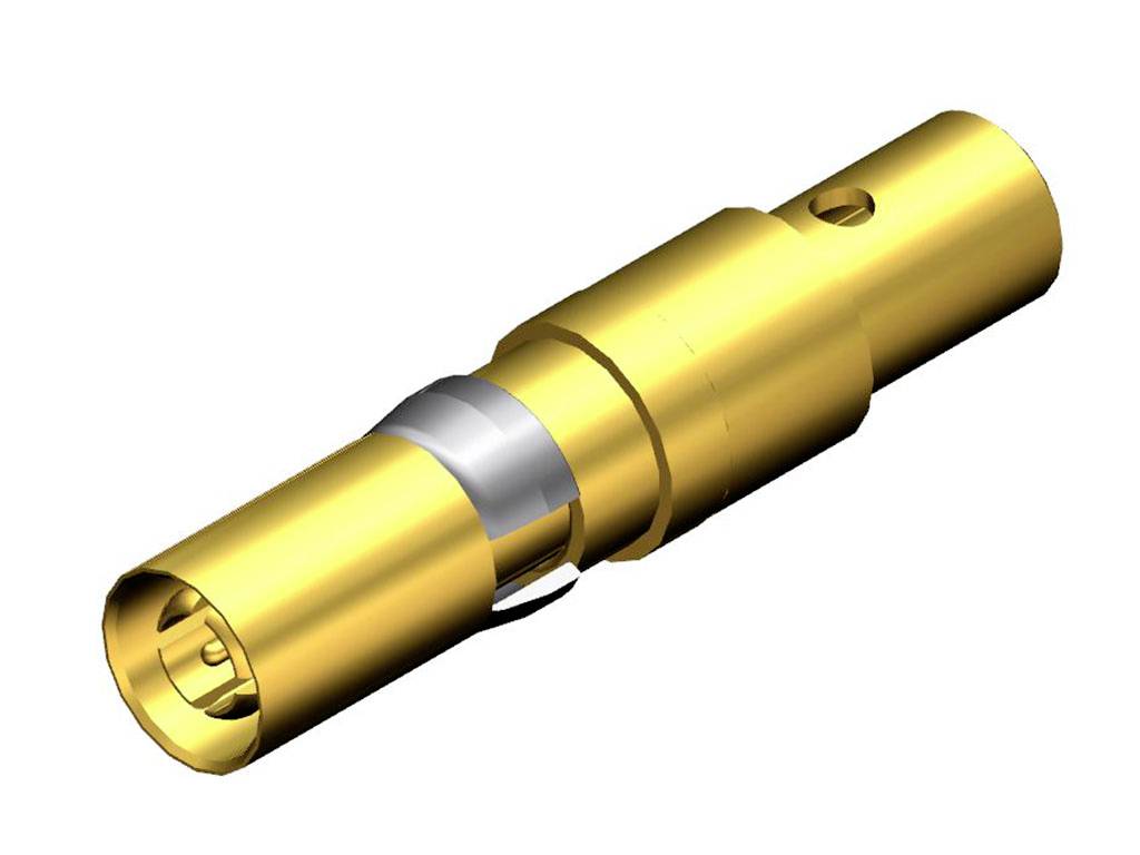 'Gouden, cilindrische stekker met meerdere segmenten, geschikt voor elektrische verbindingen, met een metalen inzetstuk.'