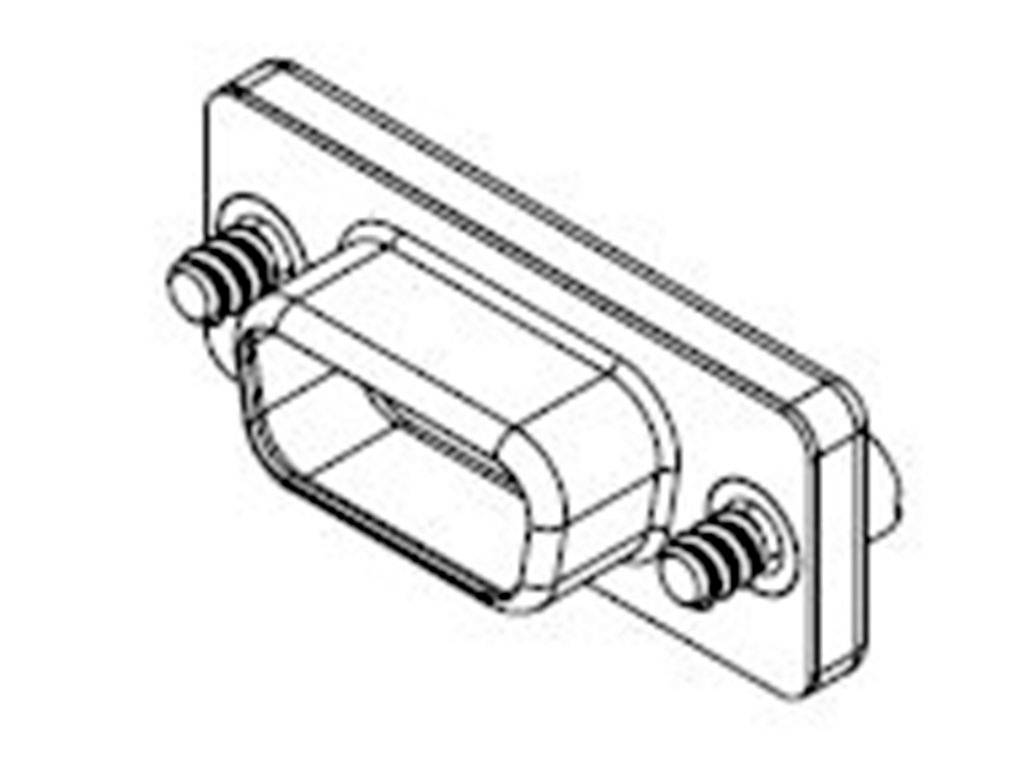 Technische tekening van een rechthoekige stekkerverbinding met twee zijdelingse schroeven voor bevestiging.