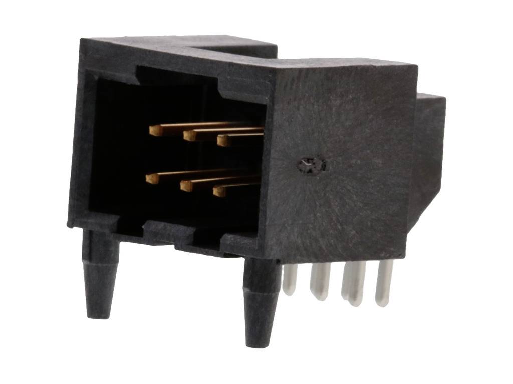 Zwarte elektrische connector met meerdere koperen pinnen, rechthoekige vorm, toont de aansluitzijde en pinindeling.