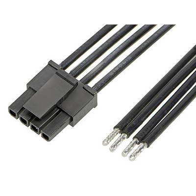Zwarte 4-polige Molex-connector met open uiteinden aan drie kabels; wordt vaak gebruikt voor de stroomvoorziening in computers.