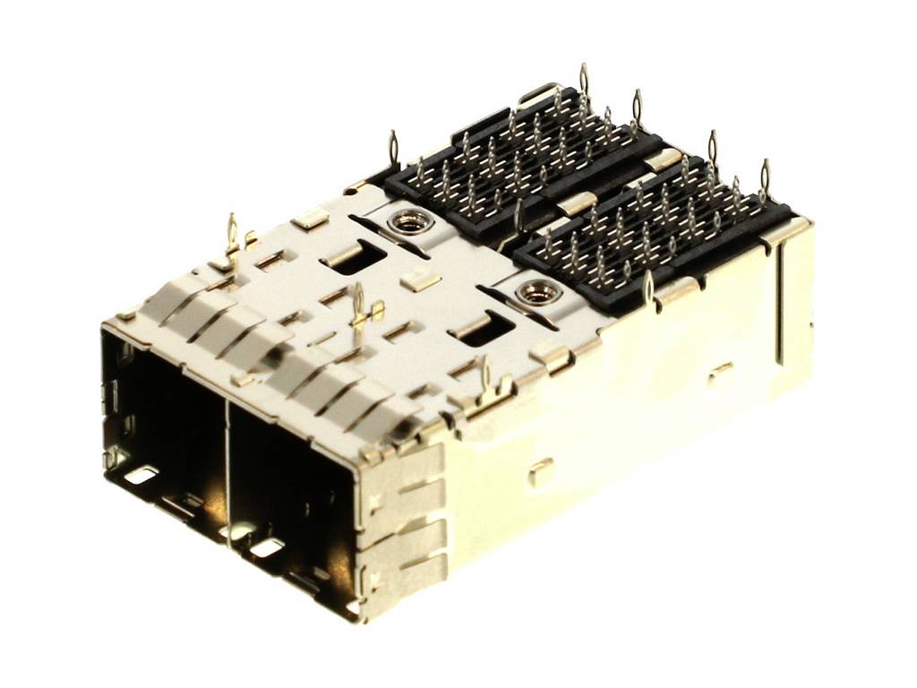 Dubbele optische transceiver-stekkermodules met meerdere pinnen en twee poorten, geschikt voor hoogsnelheids-gegevensoverdracht.