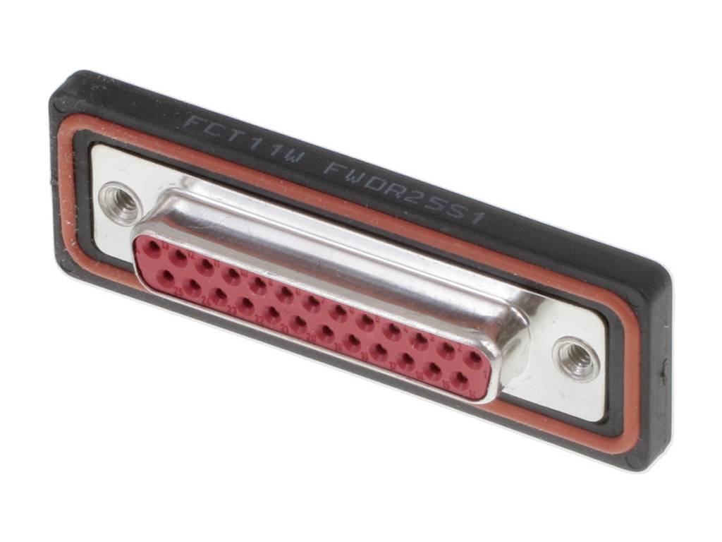 Een 25-polige D-Sub-stekker, gebruikelijk voor seriële communicatie-interfaces, met een rechthoekige metalen behuizing.